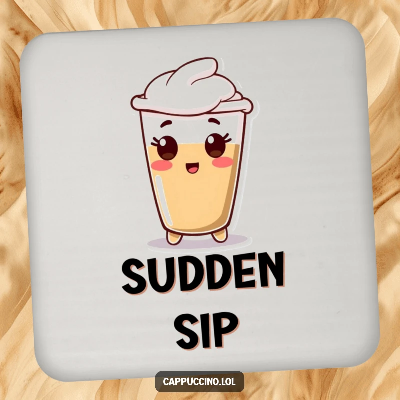 Funny Coaster displaying a happy espresso shot character in a state of comic surprise, perfect for any beverage.