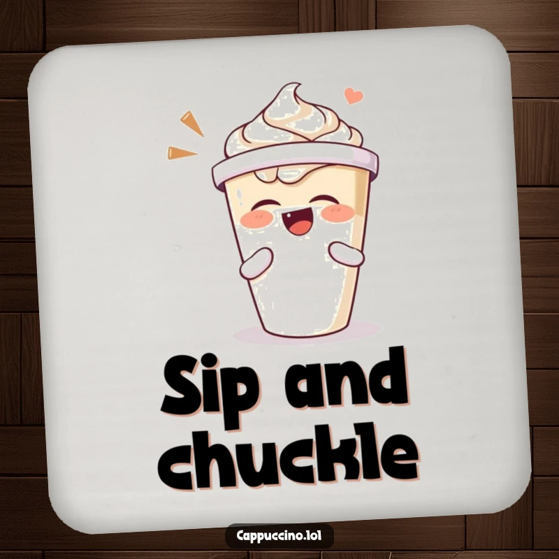 Funny coaster featuring a cappuccino cup character laughing heartily, its lid shaking with amusement.