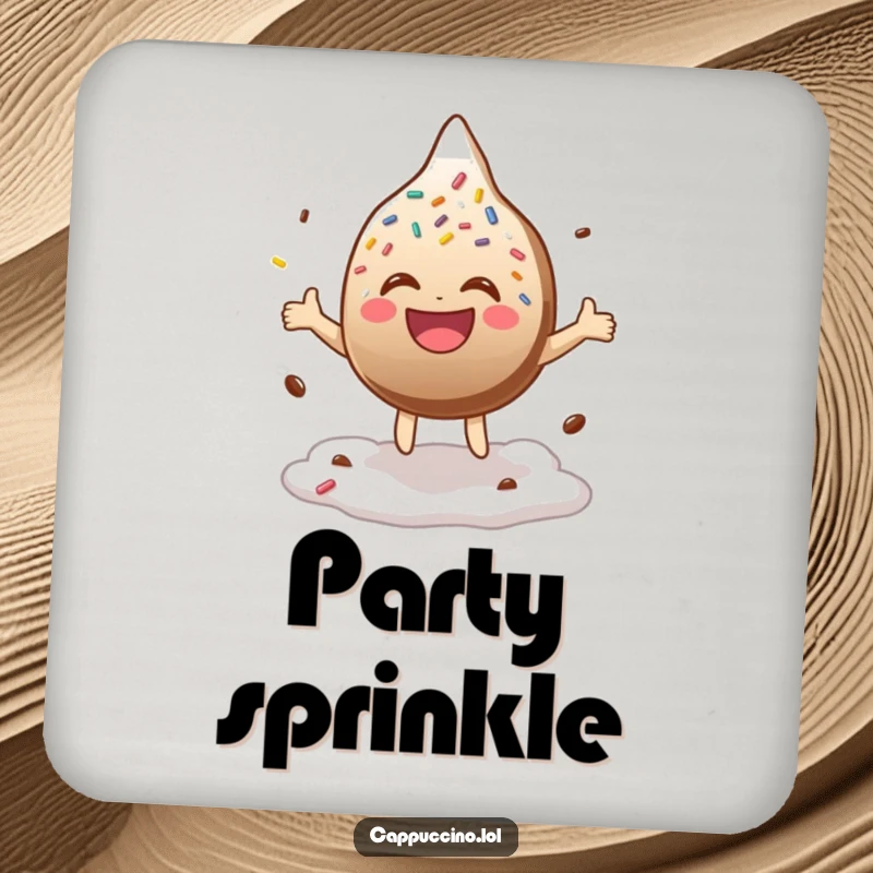 Funny Coaster showing a laughing chocolate sprinkle character bouncing on coffee foam, perfect for protecting surfaces with humor.