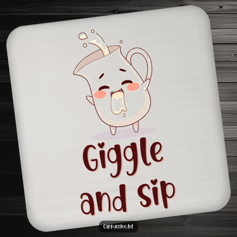 Funny milk pitcher coaster, mischievous character pouring giggles, protects furniture with humor, unique funny gift.