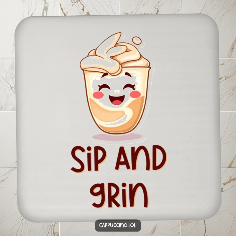 Funny cappuccino art coaster, character morphing into a laughing face, protects surfaces with humor, unique funny gift.