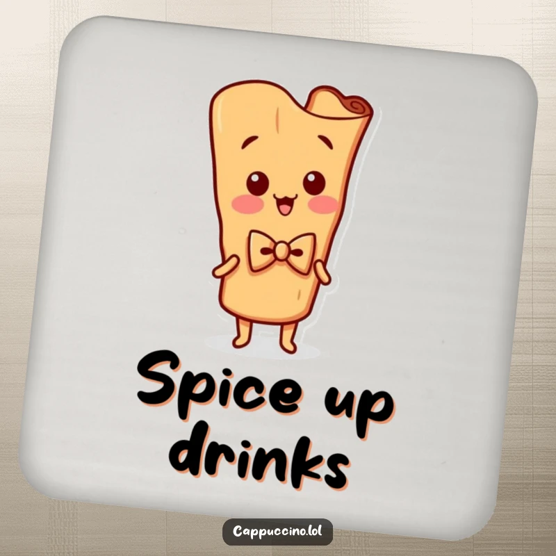 Funny Drink Coaster showcasing a silly cinnamon stick character with a bowtie, wiggling with charm, perfect for surfaces.