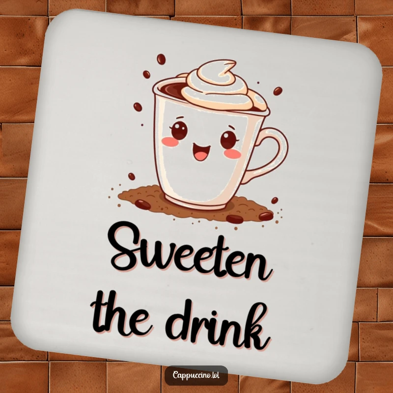 Funny drink coaster showcasing a happy cappuccino cup character joyfully sprinkling cocoa powder, adding a sweet touch to drinks.
