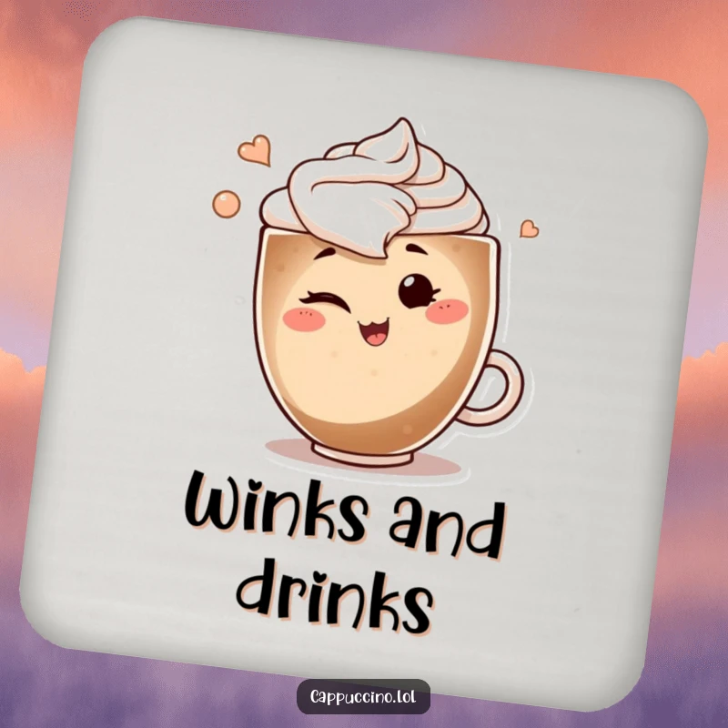Funny coaster with a smiling cappuccino art swirl character winking playfully, protecting surfaces with charm and humor.