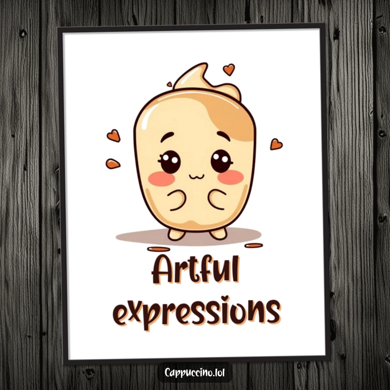 Funny espresso stain poster, playful character making silly faces, quirky wall art, humorous coffee decor.
