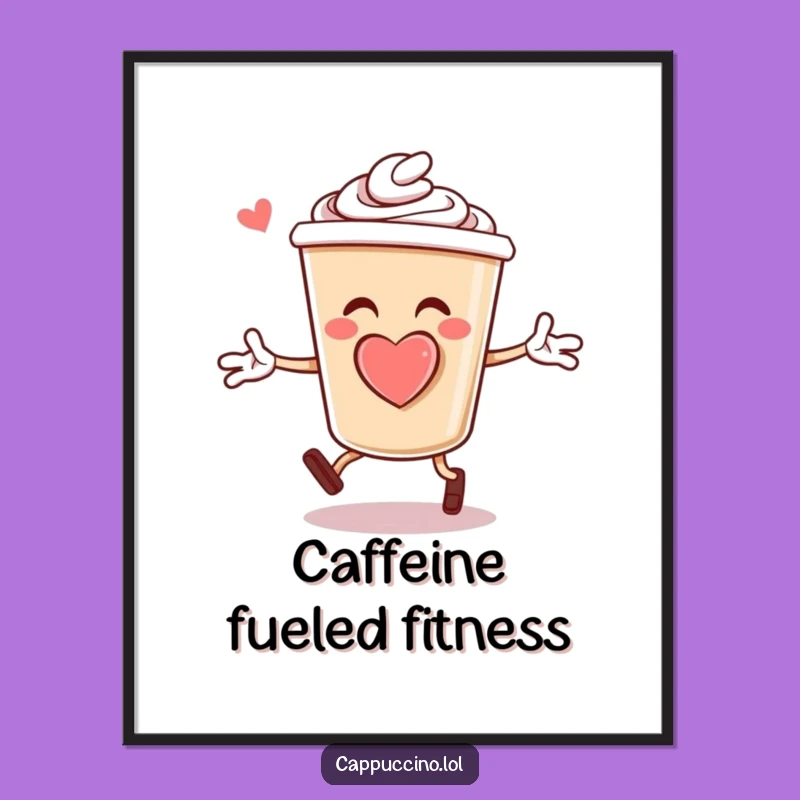 Funny Cappuccino Jumping Jacks Poster: Vibrant Coffee Cup Character Foam Heart Wall Art