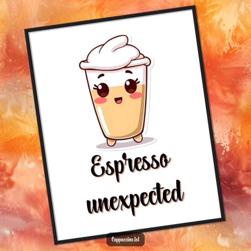 Funny Poster capturing a happy espresso shot character's surprised expression, ideal for adding a humorous focal point.