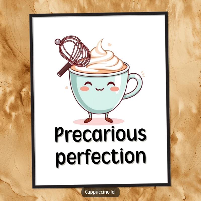 Funny Poster: Wobbly cappuccino cup character, balancing a miniature whisk on its rim, a test of concentration.