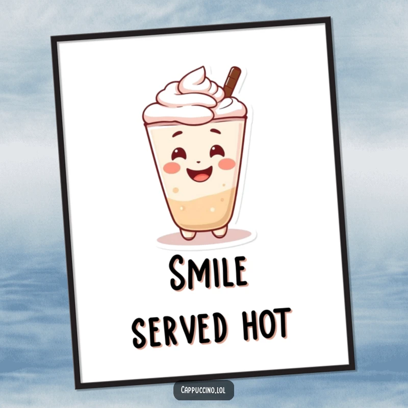 Funny poster art of a cheerful cappuccino foam character with a wide, inviting smile. Whimsical decor.