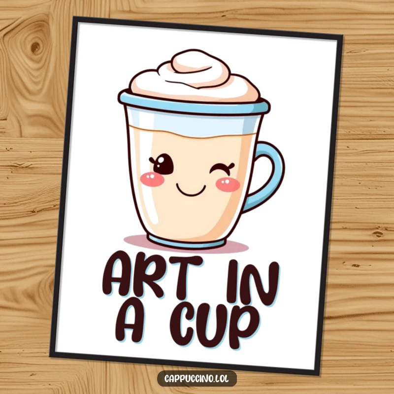 Funny cappuccino poster of a smiling coffee cup character with frothy foam art, bringing morning cheer and caffeine vibes.