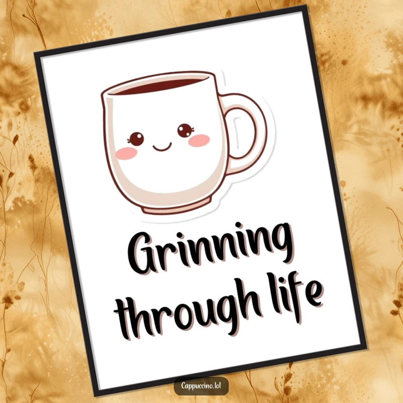 Funny Cheeky Grin Poster showcasing a blushing ceramic mug character with a playful and mischievous grin, adding charming art.