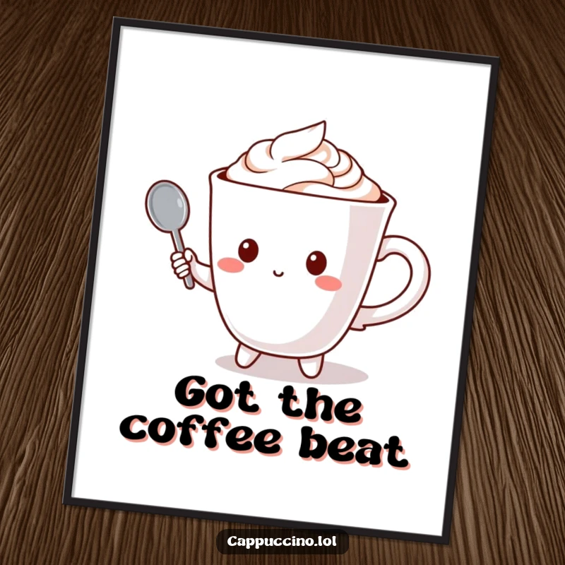 Funny poster depicting a cappuccino cup character holding a tiny spoon as a microphone, ready to perform.