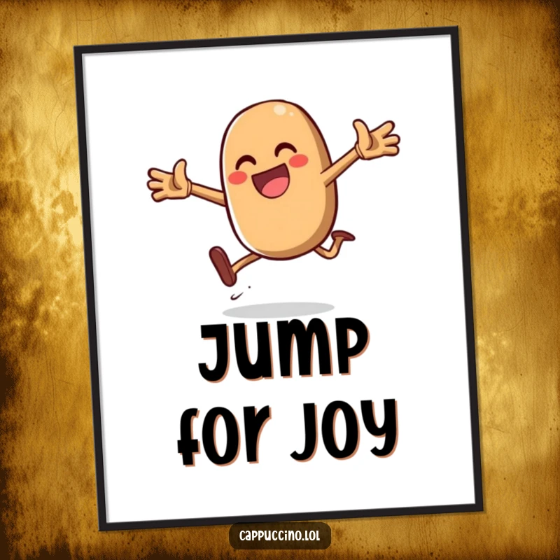 Funny Daring Jump Bean Poster showcasing a gleeful coffee bean character in an exhilarating jump, adding energetic art to any space.