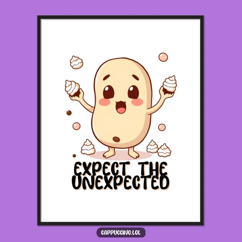 Funny Surprised Bean Poster: Juggling Cream Coffee Character - Wall Art