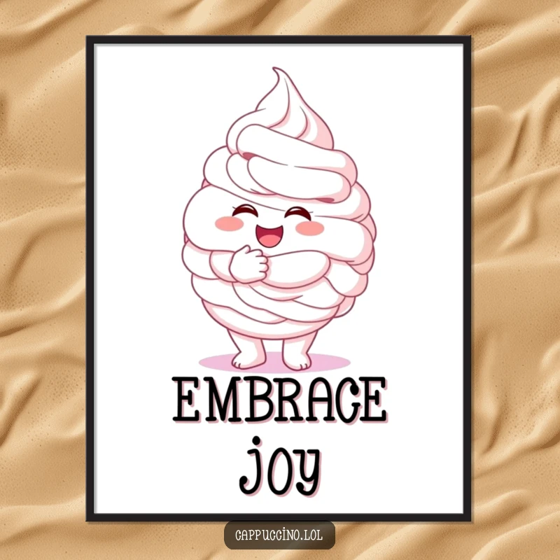 Funny whipped cream poster, excited character giving a giant fluffy hug, sweet wall art, cheerful and heartwarming.