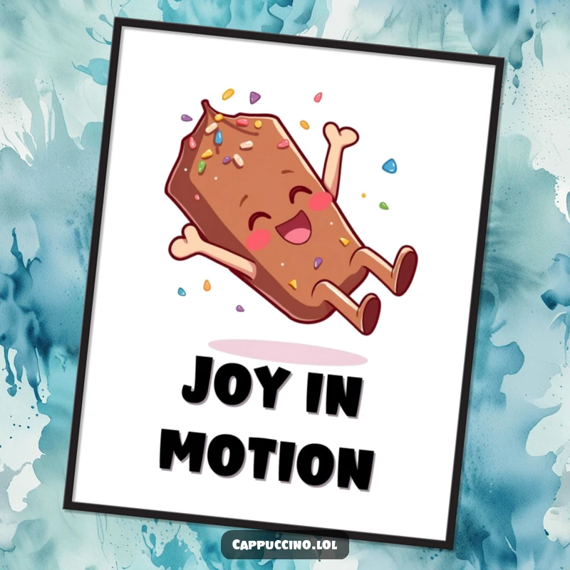 Funny Poster art of a giggling chocolate sprinkle character doing an energetic celebratory somersault, bringing cheer to any room.