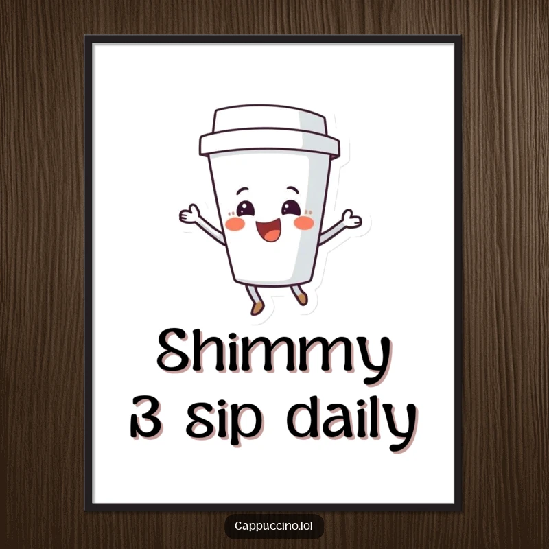 Funny Coffee Cup Shimmy Poster featuring a delighted character in a joyful dance, adding vibrant energy to any wall.