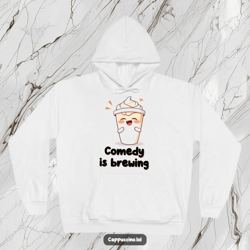 Funny hoodie featuring a laughing cappuccino cup character whose lid is shaking with uncontrollable mirth.