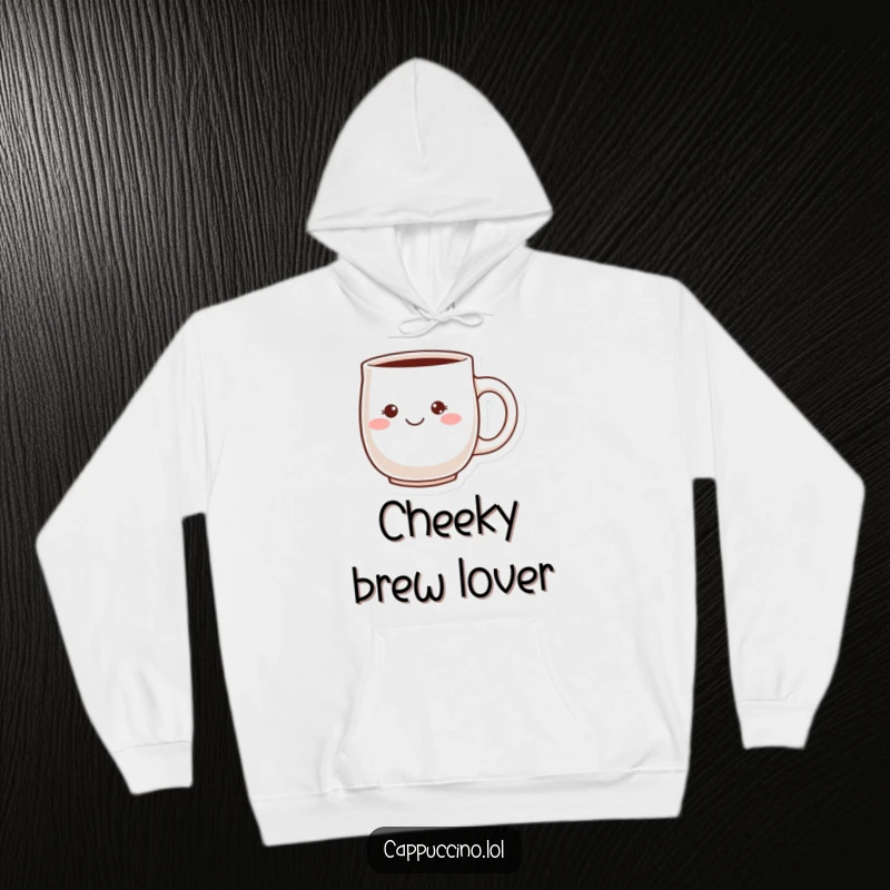 Funny Cheeky Grin Hoodie with a blushing ceramic mug character sporting a playful and mischievous grin, perfect for cozy vibes.
