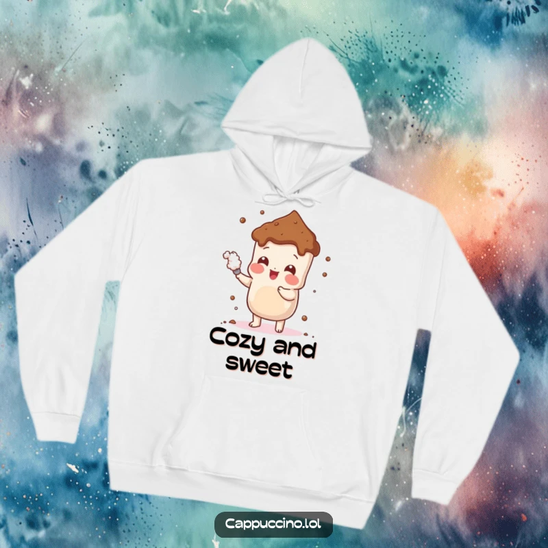 Funny Cheerful Cocoa Hoodie with a playful cocoa powder character dusting itself, perfect for cozy sweetness and comforting vibes.