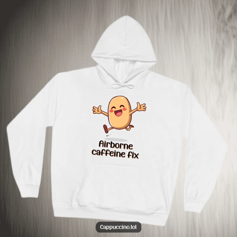 Funny Daring Jump Bean Hoodie with a gleeful coffee bean character mid-leap, perfect for cozy excitement and adventurous vibes.