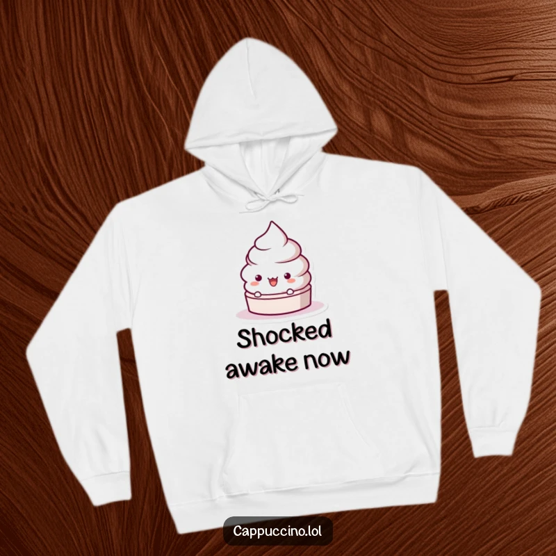 Funny Frothy Lid Surprise Hoodie showing a playful character popping up with a surprised look, perfect for cozy amusement.