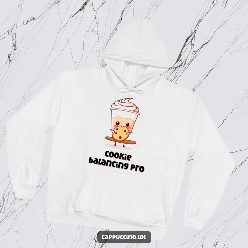 Funny cappuccino cup character balancing a cookie on its rim, depicted on a warm, cozy hoodie.