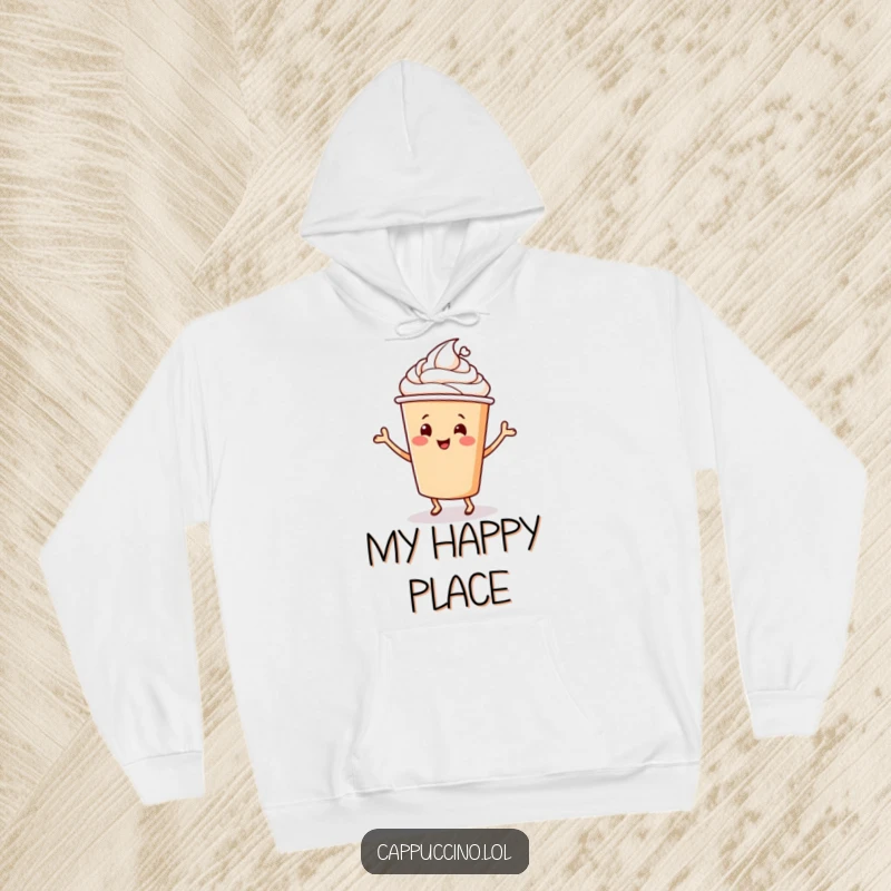 Funny Hoodie featuring a jubilant cappuccino cup character doing a lively happy dance, radiating cozy coffee cheer.