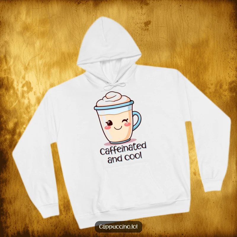 Funny cappuccino hoodie featuring a smiling coffee cup character with delightful frothy foam art, offering cozy morning cheer.