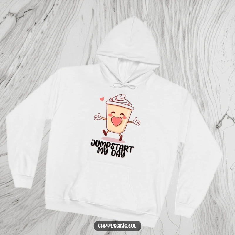 Funny Hoodie: Cheerful cappuccino cup character with a foam heart, enthusiastically performing jumping jacks, radiating positive vibes.