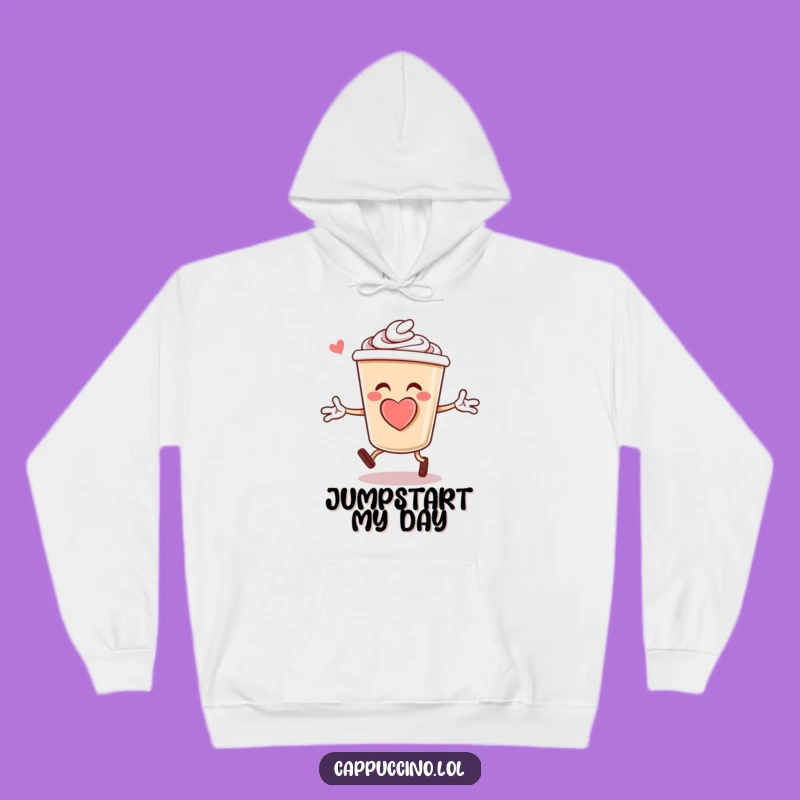 Funny Cappuccino Jumping Jacks Hoodie: Cozy Coffee Cup Character Foam Heart Sweatshirt