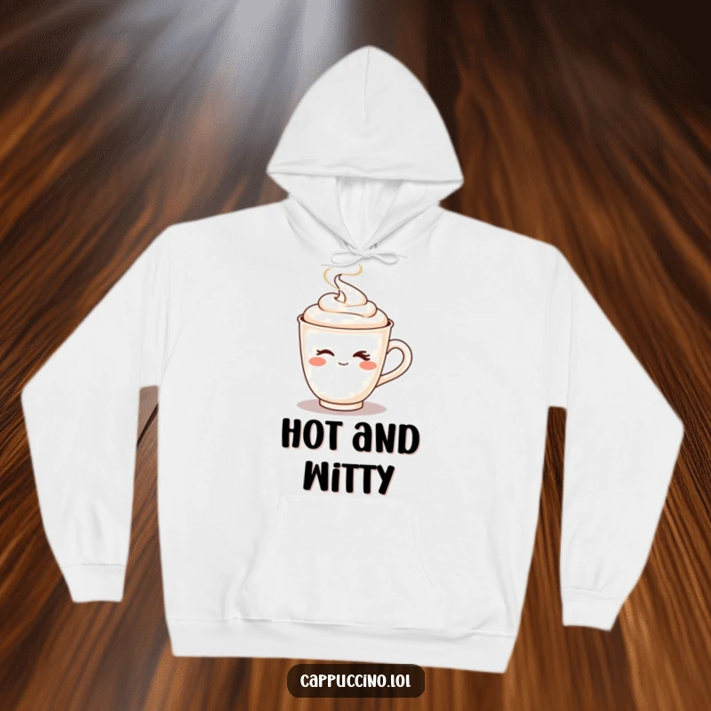Funny hoodie with a cheeky cappuccino cup character winking playfully as steam playfully erupts.