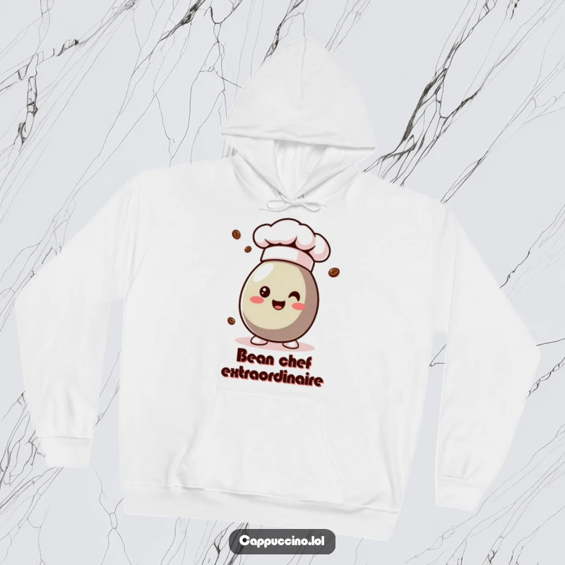 Funny coffee bean character in a chef hat, designed for a warm and humorous hoodie.