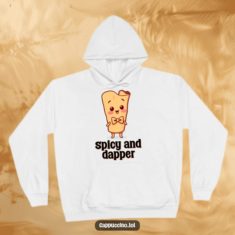 Funny Hoodie showcases a silly cinnamon stick character, complete with a tiny bowtie, in a funny, wiggling pose.