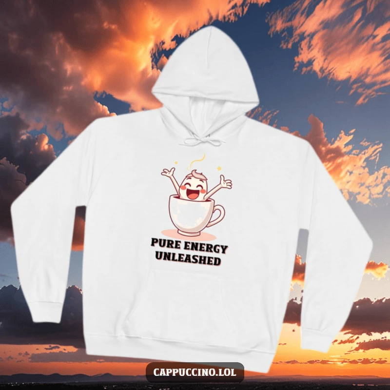 Funny Hoodie depicting an exuberant espresso shot character making a gleeful leap into a hot coffee cup, radiating energy.