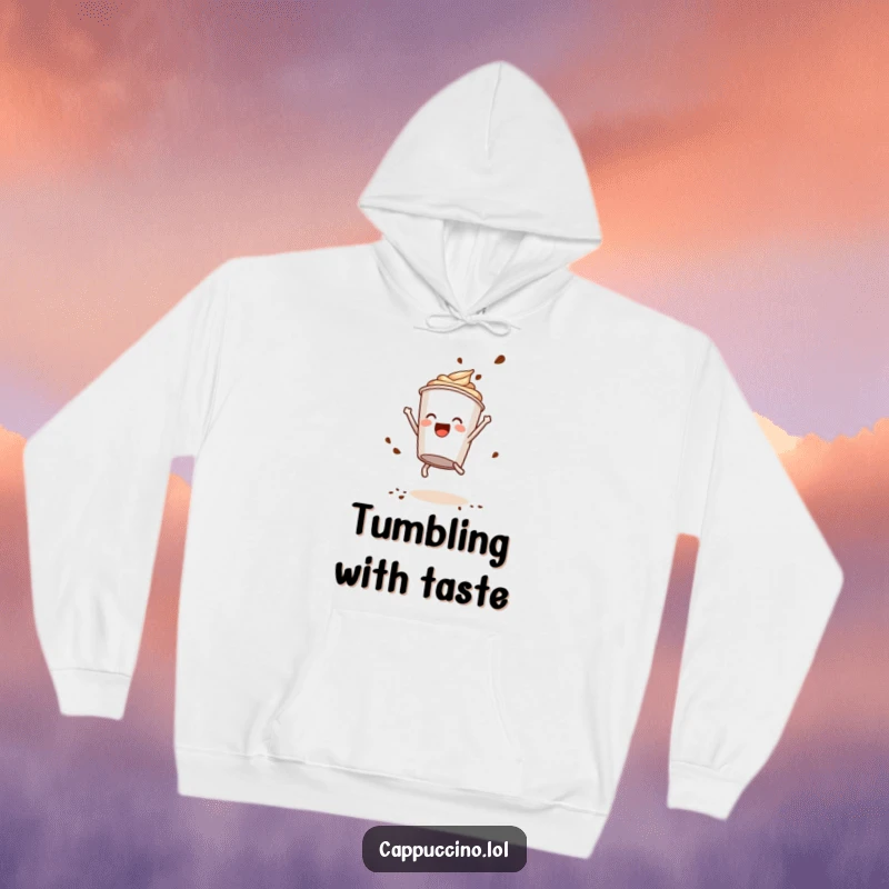 Funny Hoodie: Delighted cappuccino cup character performing a somersault, coffee powder flying, for cozy, spirited wear.