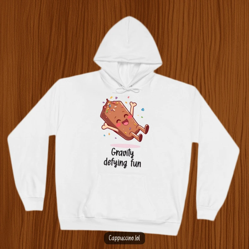 Funny Hoodie featuring a giggling chocolate sprinkle character mid-somersault, radiating cozy cheer and celebratory vibes.