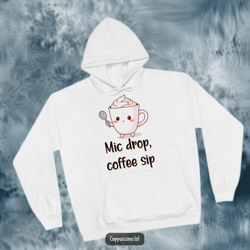 Funny hoodie featuring a cappuccino cup character holding a small spoon like a microphone, ready to sing.