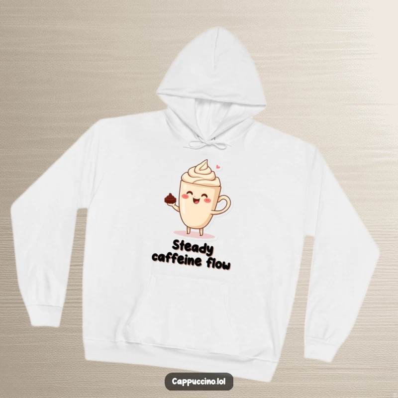 Funny hoodie showcasing a focused cappuccino cup character expertly balancing a small chocolate shaving.