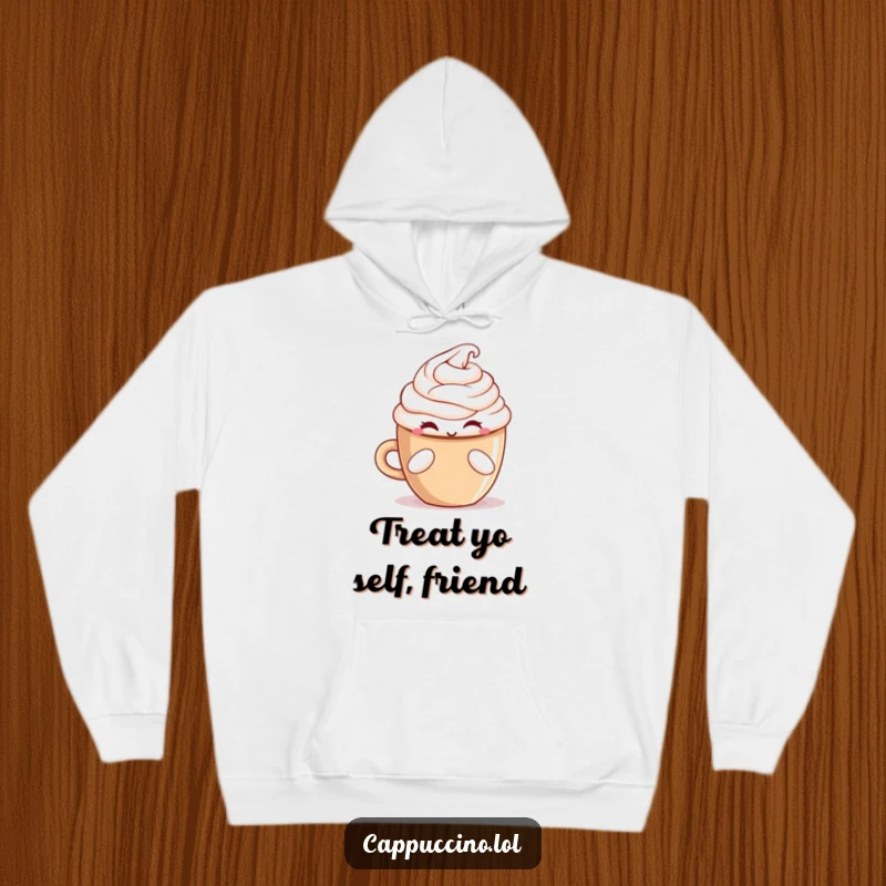 Funny winking cappuccino cup character offering a treat, designed for a warm and humorous hoodie.