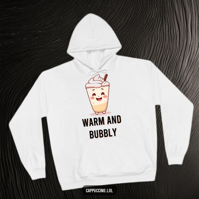 Funny hoodie featuring a cheerful cappuccino foam character with an endearing smile. Cozy and delightful.