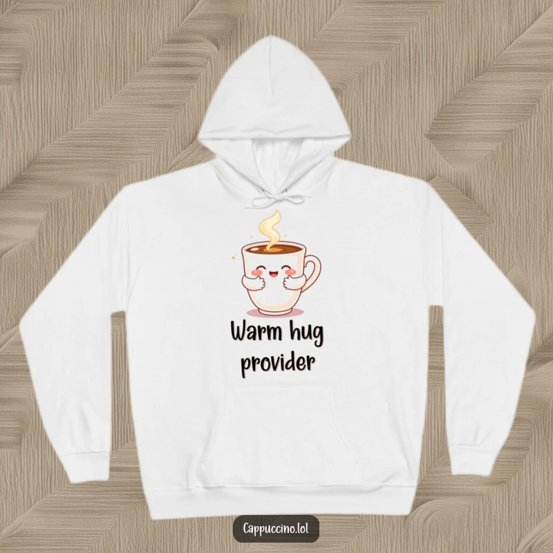 Funny hoodie featuring a steaming cappuccino cup character extending its arms to give a warm, bubbly, and comforting hug.