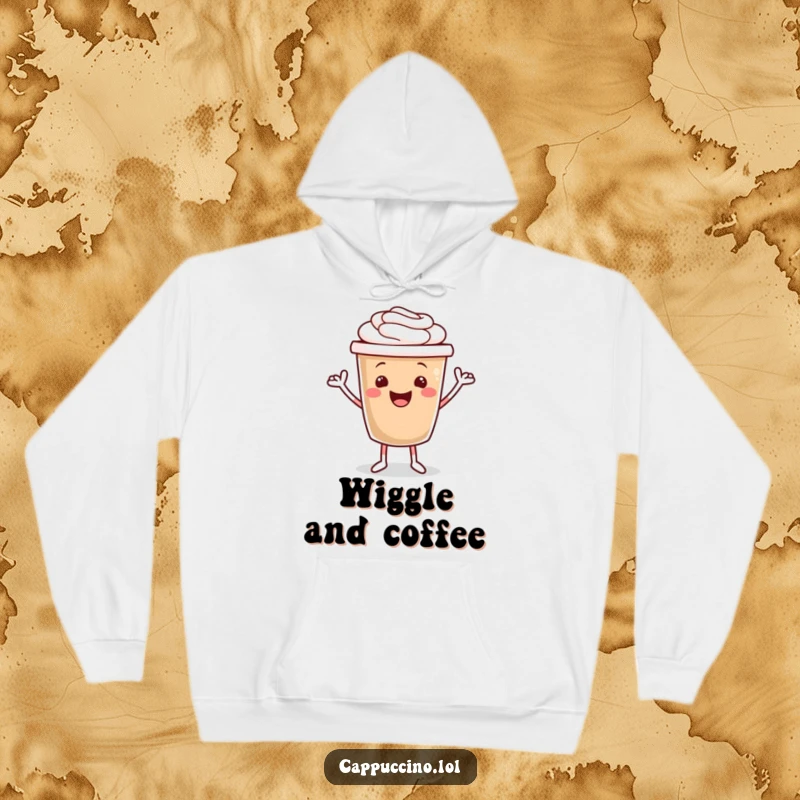 Funny hoodie depicting a delighted cappuccino cup character with little arms engaged in a cheerful, energetic jig.