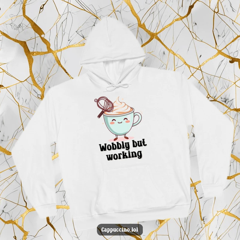 Funny Hoodie: Wobbly cappuccino cup character, balancing a miniature whisk on its rim, for cozy contemplation.