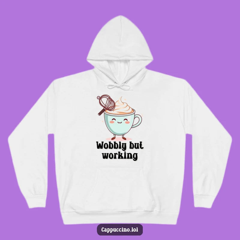 Funny Balancing Hoodie: Cozy Wobbly Cappuccino Cup Character Whisk Sweatshirt