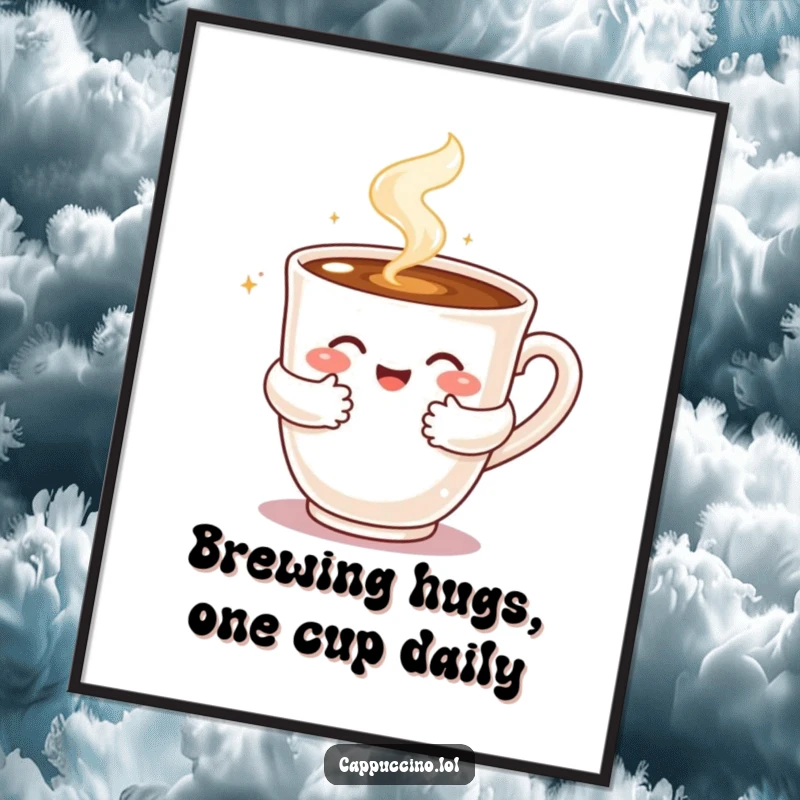 Funny Free Printable Wall Art: A steaming cappuccino cup giving a warm, bubbly hug, perfect for coffee lovers.