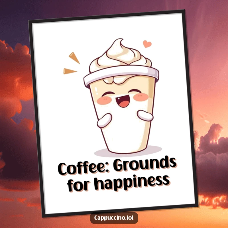 Funny Free Printable Wall Art: Cappuccino cup character laughing heartily and shaking its lid, a humorous piece of downloadable art.