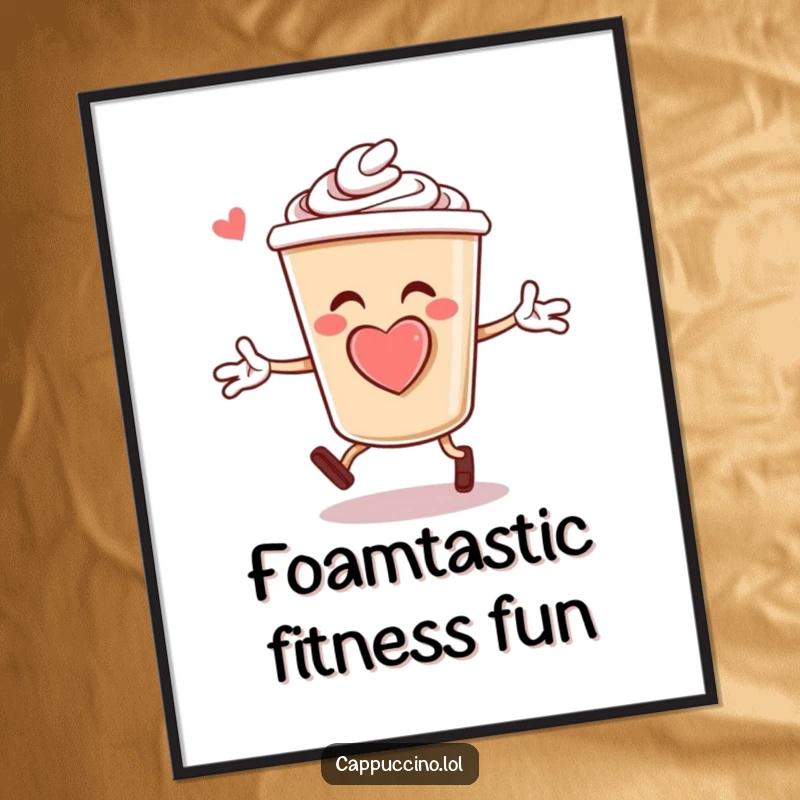 Funny Free Printable Wall Art: Cheerful Cappuccino Character with Foam Heart Doing Jumping Jacks, Full of Life.