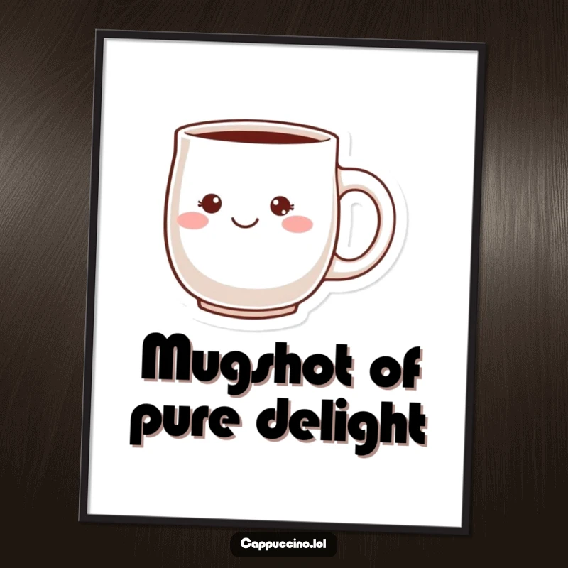 Funny free printable wall art of a ceramic mug character with a cheeky grin and a blush. A humorous downloadable art.