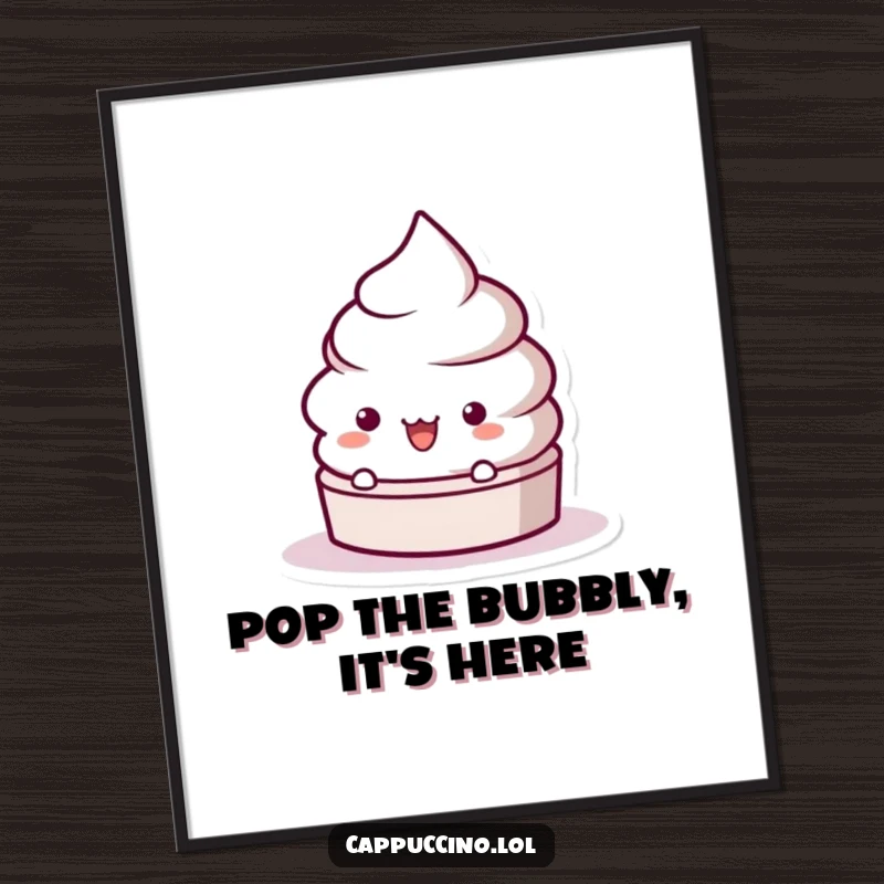 Funny free printable wall art of a frothy coffee lid character popping up in surprise. A whimsical downloadable art piece.